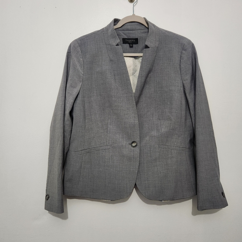Talbots Heather Gray Wool Blend One Button Blazer Jacket 12P 12 Petite Office